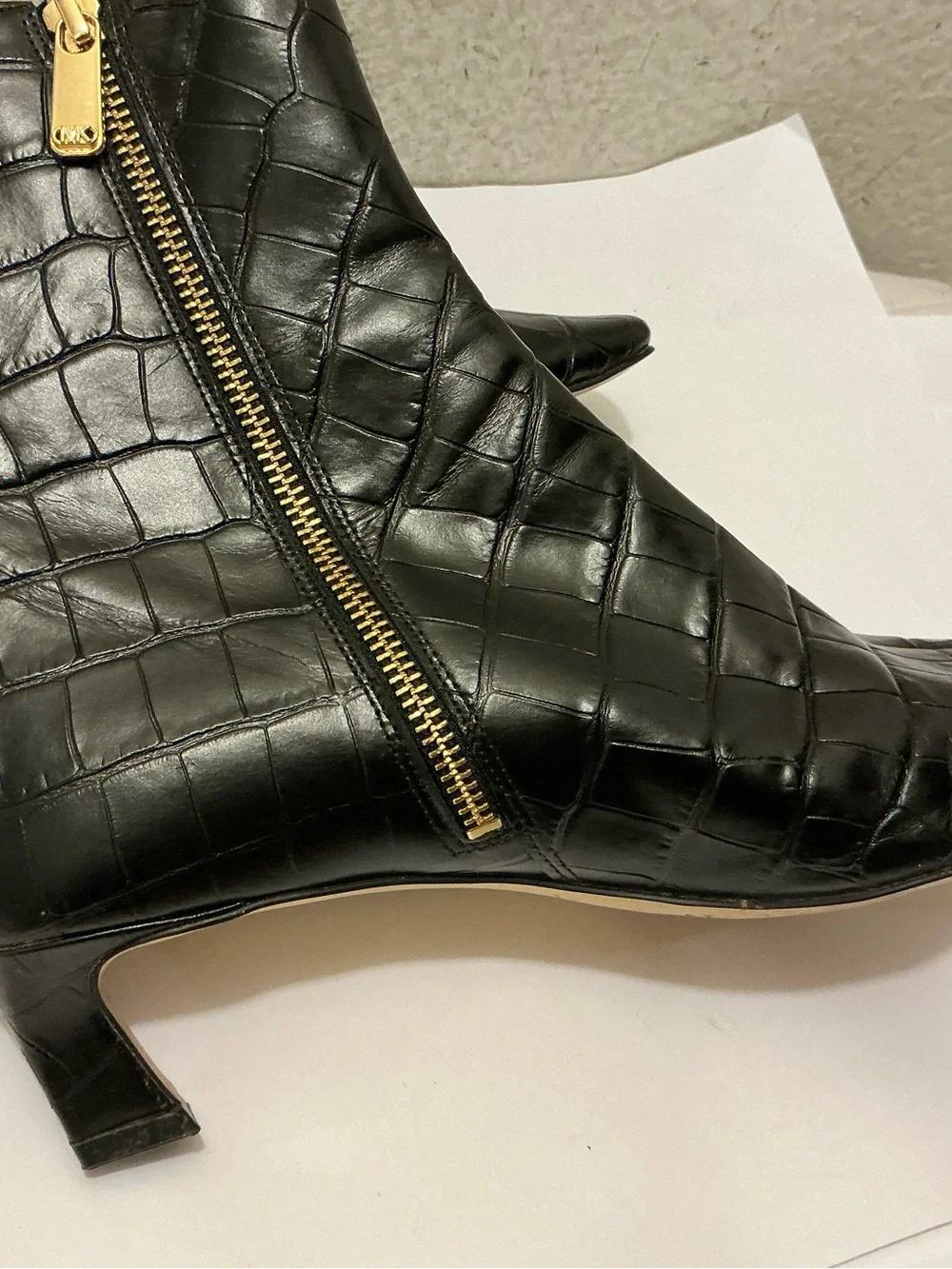 MICHAEL Michael Kors Black Croc-Embossed Pointed Ankle Booties with Gold Zip